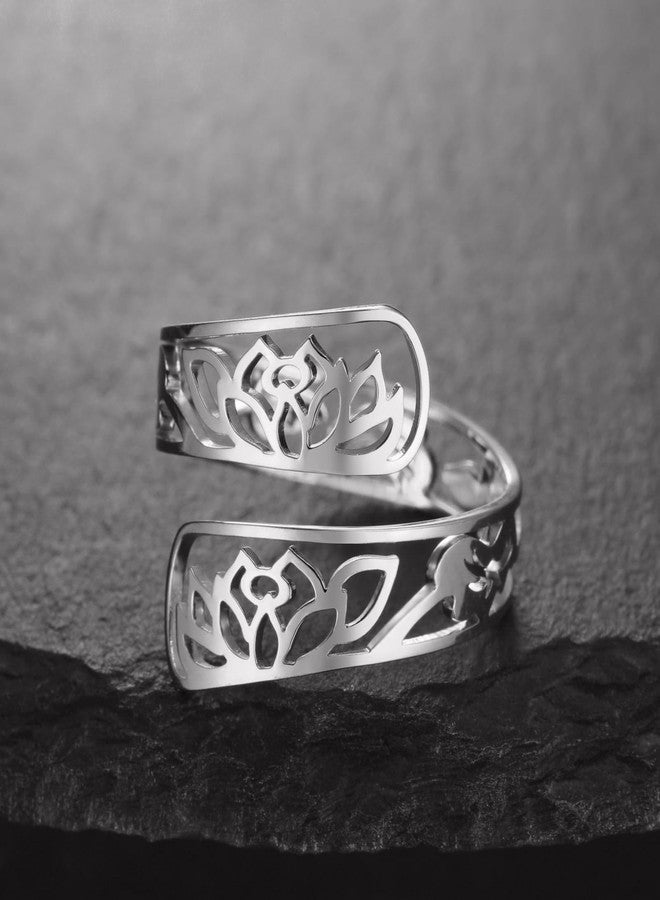 TEAMER Adjustable Lotus Flower Ring Stainless Steel Elegant Filigree Flower Ring Bohemian Yoga Jewelry Band Ring For Women (Lotus - Silver) - Image 4