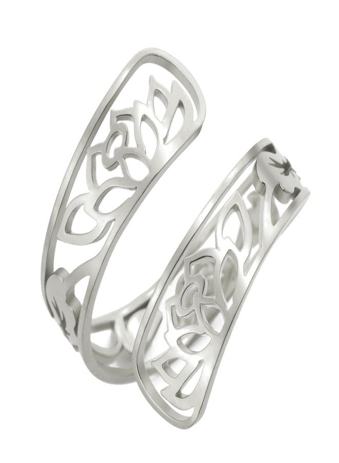 TEAMER Adjustable Lotus Flower Ring Stainless Steel Elegant Filigree Flower Ring Bohemian Yoga Jewelry Band Ring For Women (Lotus - Silver) - Image 1