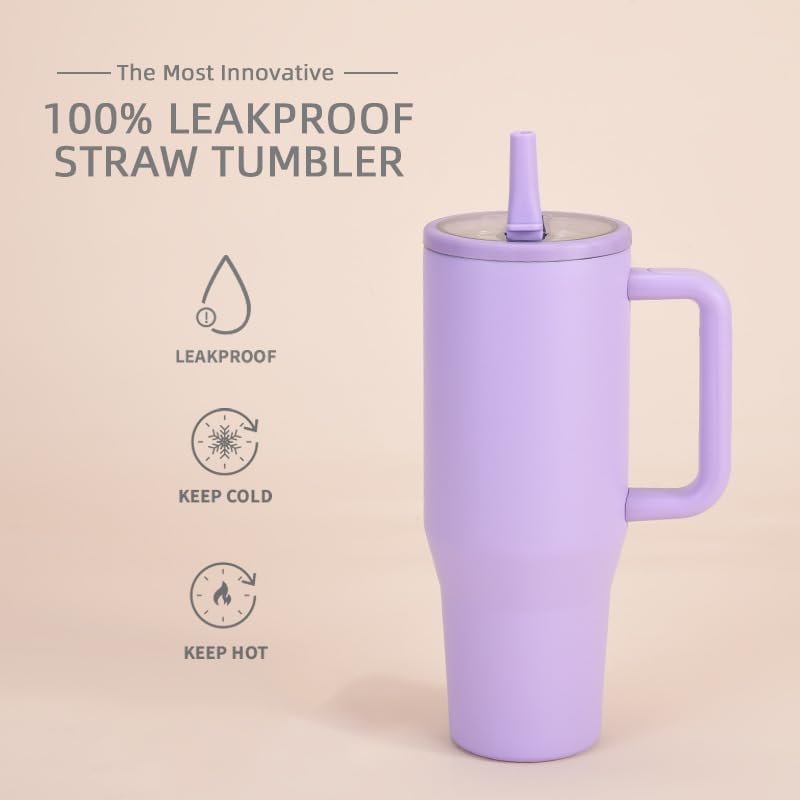 JUGTE JUGTE 1200 ML Tumbler Hot and Cold with Handle and Lid and Straw Double Insulated Cup 100 Leak Proof Mug Cupholder for Gym Travelling Purple  - Image 5