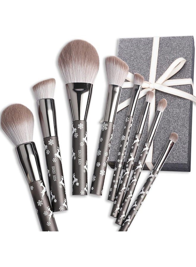 ENZO KEN Carcoal Grey Natural Goat Hair Makeup Brush Set by , Extra Soft Real Hair Eyeshadow Brushes Set, Large Angled Round Flat Top Face Blending Brushes Kit - Snowflake Christmas Reindeer Gift Set - Image 1