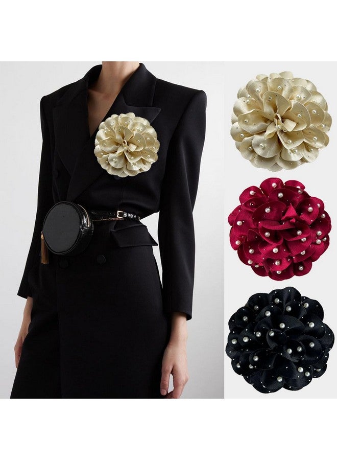 INENIMARTJ Elegant Large Rose Flower Brooches Lapel Pins Handmade Dainty Satin Fabric Pearl Brooches Big Camellia Flower Brooch Pin For Women Girls Wedding Part Dance Dress Suit Clothes Accessories Jewelry - Image 2
