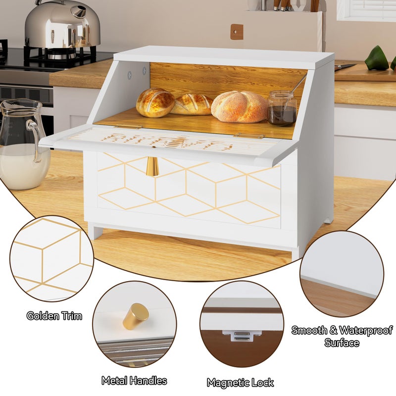 HOLTICO Double Layer Bread Box With Golden Trim for Countertop, Wooden Bread Container for Kitchen Counter, Corner Bread Storage (White) - Image 4