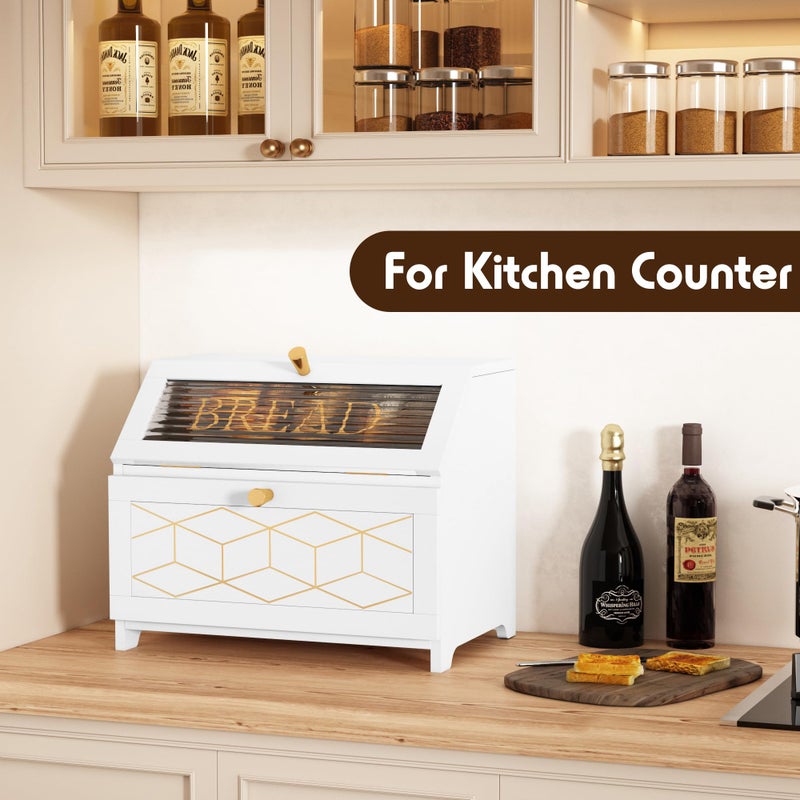 HOLTICO Double Layer Bread Box With Golden Trim for Countertop, Wooden Bread Container for Kitchen Counter, Corner Bread Storage (White) - Image 2