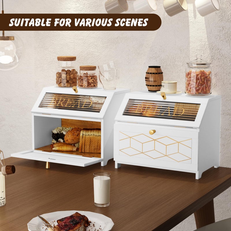 HOLTICO Double Layer Bread Box With Golden Trim for Countertop, Wooden Bread Container for Kitchen Counter, Corner Bread Storage (White) - Image 5