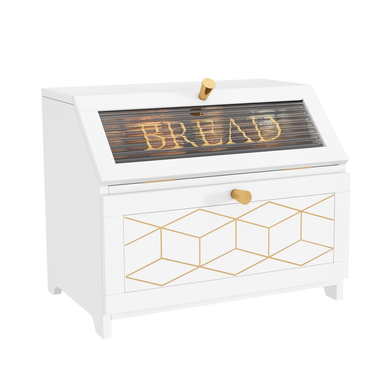 HOLTICO Double Layer Bread Box With Golden Trim for Countertop, Wooden Bread Container for Kitchen Counter, Corner Bread Storage (White) - Image 1