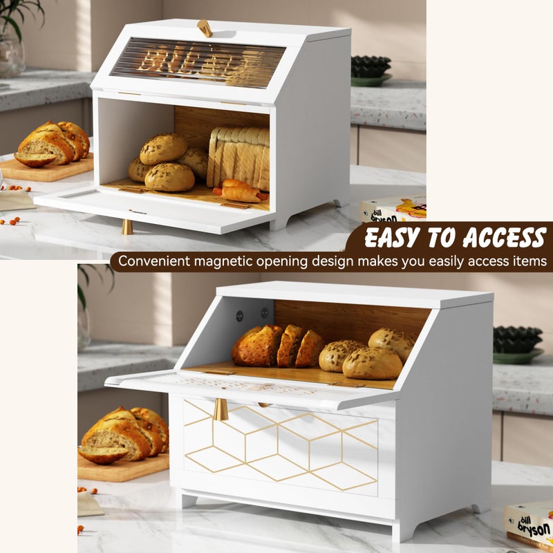 HOLTICO Double Layer Bread Box With Golden Trim for Countertop, Wooden Bread Container for Kitchen Counter, Corner Bread Storage (White) - Image 3