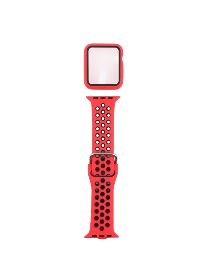 BURAQ Protective Cover Silicone Watch Band + Protective Case with Screen Protector Set For Apple Watch Series 3 & 2 & 1 38mm(Red Black)