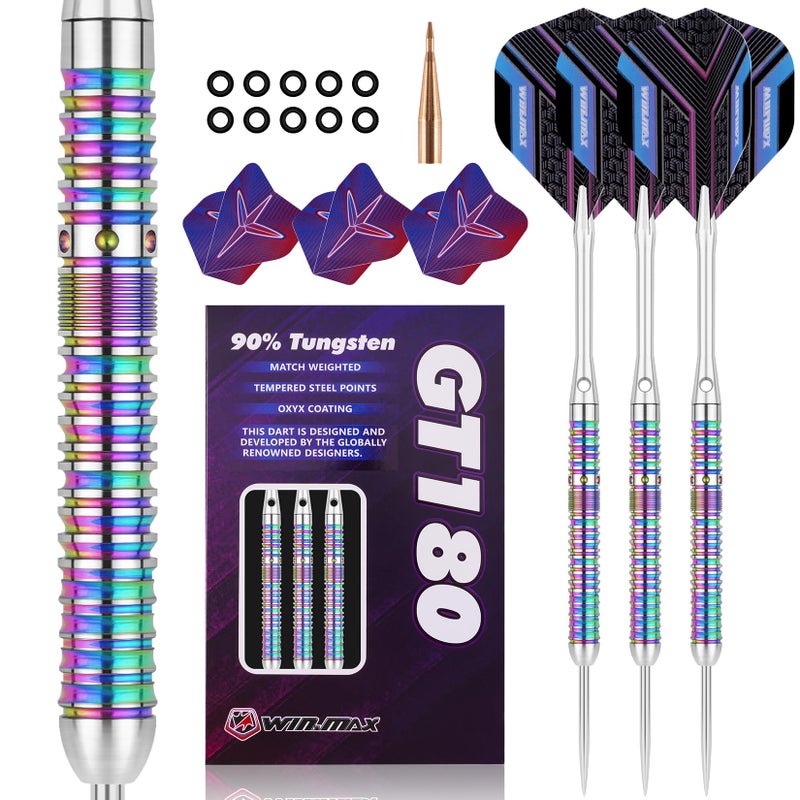 WIN.MAX Darts Metal Tip Set - 90% Tungsten Steel Tip Darts Set Professional 20/22/23/24/26/28 Grams Pro Dart Set with Extra 3 Flights - Image 1