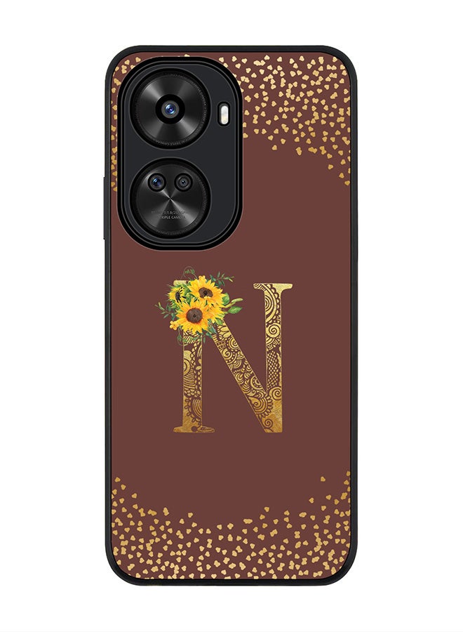 Stylizedd Rugged Black edge case for Huawei nova 12 SE / Huawei nova 11 SE 4G,Slim fit Cover Custom Monogram Initial Letter Floral Pattern Alphabet - N (Brown) - Image 1