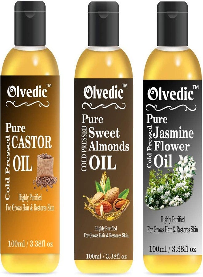 OLVEDIC 100% Pure & Natural Castor Oil, Sweet Almonds Oil & Jasmine Flower oil in Combo Pack of 3 (100 ml each) - Image 1