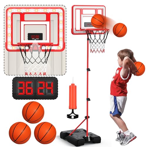 flybakiz Kids Indoor Basketball Hoop with Scoreboard TimerToddler Adjustable Height 3ft58ft Basketball Hoop with Stand Goal Toy for Outdoor BackyardSports Game Play for Boys Age 38 Red Stand Door - Image 1