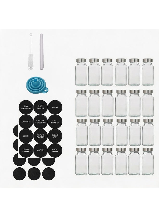 Eesyy 24 Pack Glass Spice Jars with Silver Lids, 120ml Empty Spice Containers Set with Labels, Blank Stickers, White Marker, Foldable Funnel and Brush, Square Seasoning Jars for Spice Rack, Cabinet, Drawer, Kitchen Organizer - Image 1