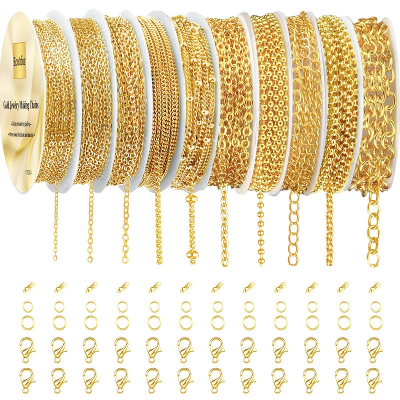 Ecoofor Gold Necklace Chains for Jewelry Making, 78.7 Feet 10 Rolls Jewelry Chains for DIY Necklace Bracelet Jewelry Making with Jump Rings/Lobster Clasps/Connectors - Image 1
