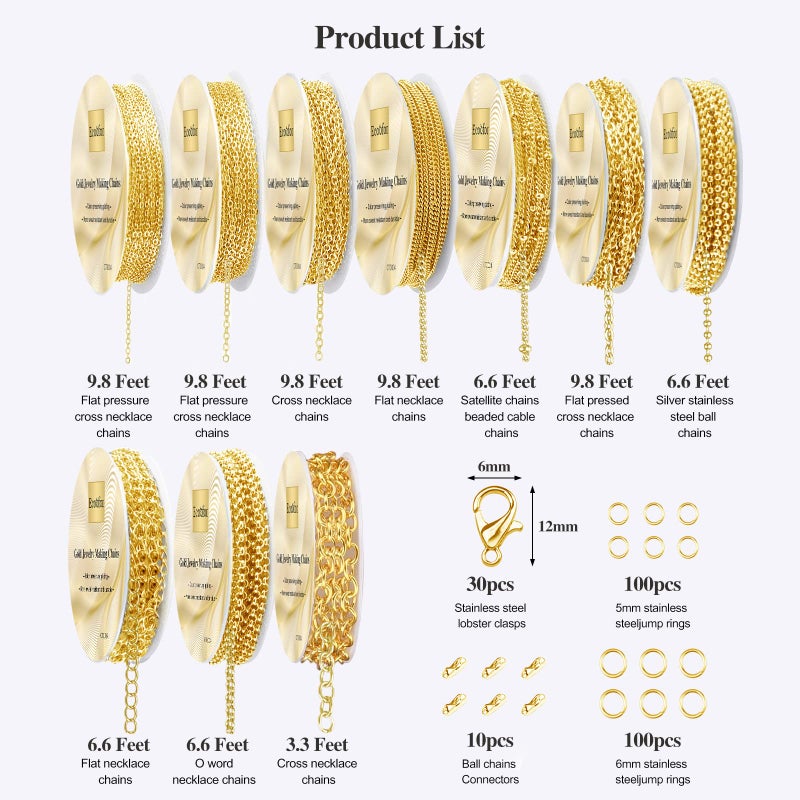 Ecoofor Gold Necklace Chains for Jewelry Making, 78.7 Feet 10 Rolls Jewelry Chains for DIY Necklace Bracelet Jewelry Making with Jump Rings/Lobster Clasps/Connectors - Image 3