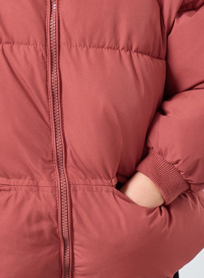 ستايلي جاكيت بفرو داخلي سادة مع غطاء رأس - Image 4