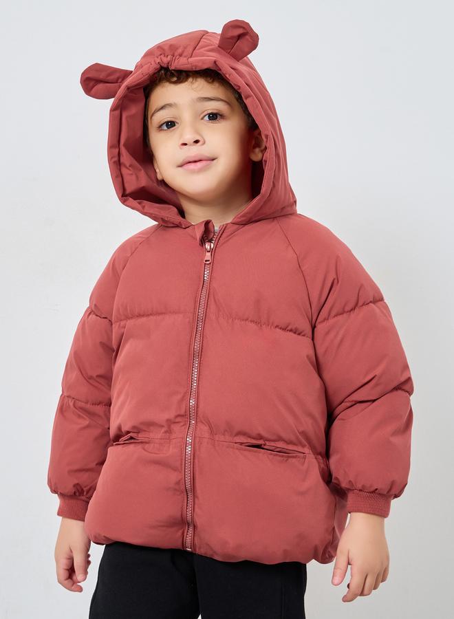 ستايلي جاكيت بفرو داخلي سادة مع غطاء رأس - Image 1