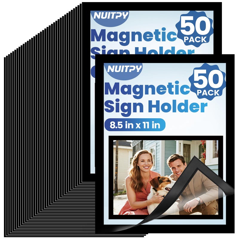 NUITPY 50 Pack Magnetic Sign Holder, 8.5in x 11in Self Adhesive Wall Mount Magnetic Document Holder, Magnetism Border Sign Holder with Transparent PVC Front Cover - Image 1