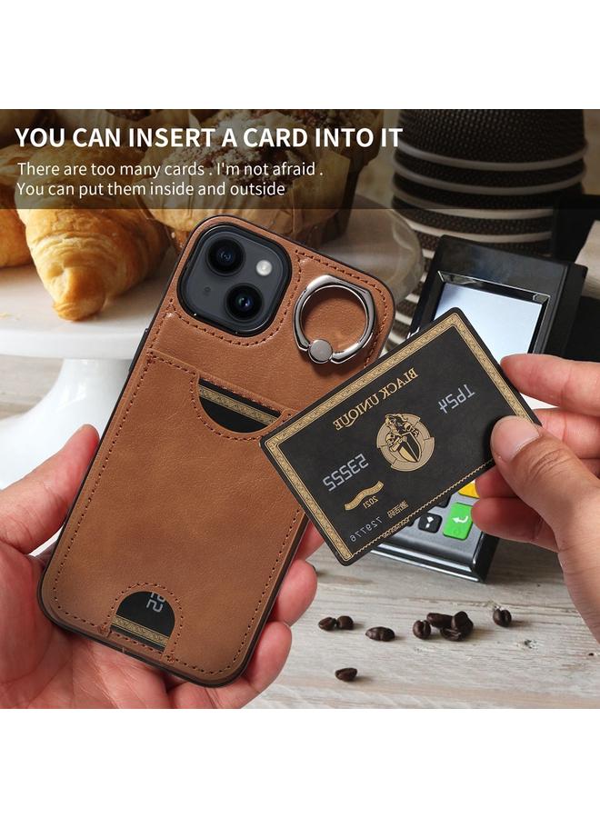 S-TOP Case For iPhone 14 Calf Texture Card Slot Ring Holder Phone Case - Image 5