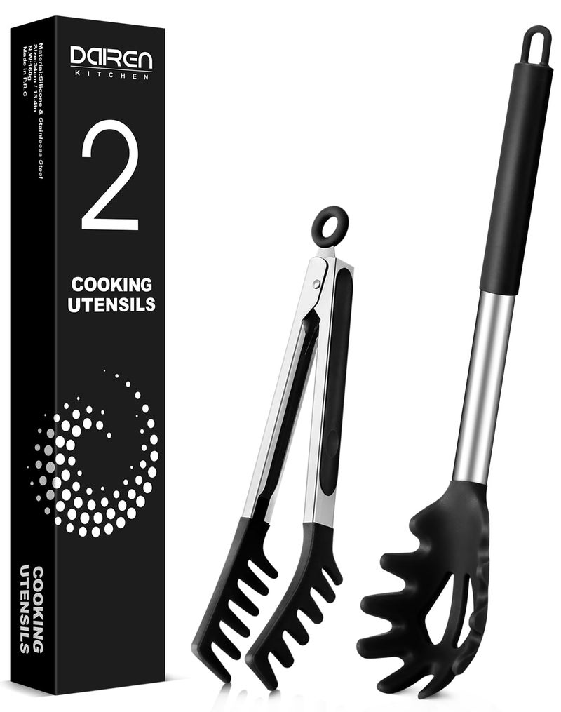 DaiRen Kitchen Spaghetti Spoon and Pasta Tong, Non-stick Silicone Spoon Server Fork with teeth and Stainless Steel Handle Spaghetti Tong, Food Clip for Spaghetti Noodle (BLACK) - Image 1