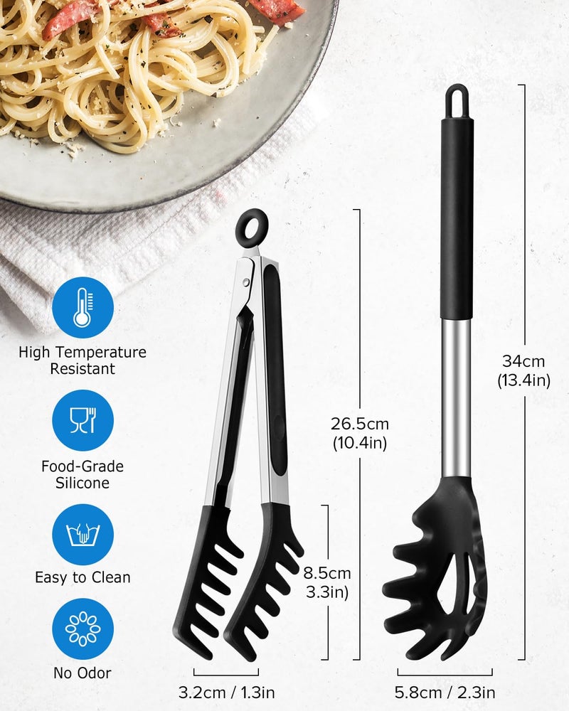 DaiRen Kitchen Spaghetti Spoon and Pasta Tong, Non-stick Silicone Spoon Server Fork with teeth and Stainless Steel Handle Spaghetti Tong, Food Clip for Spaghetti Noodle (BLACK) - Image 3