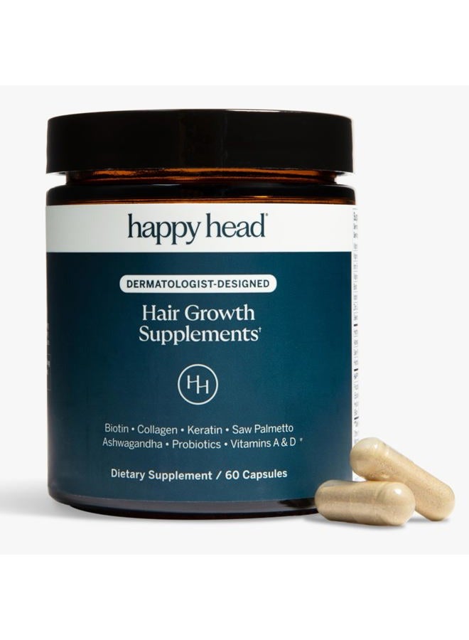 HAPPY HEAD Hair Growth Supplement for Men and Women – Thicker, Fuller Hair with Saw Palmetto, Ashwagandha, Biotin, Collagen, Keratin, Probiotics & Vitamins A & D – One Month Supply – 60/ct - Image 1