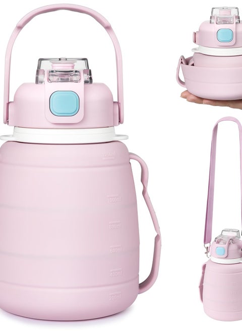 42 OZ Silicone Collapsible Water Bottle with Straw Leakproof Design and Capacity Marker Ideal for Travel and Outdoor Activities Pink