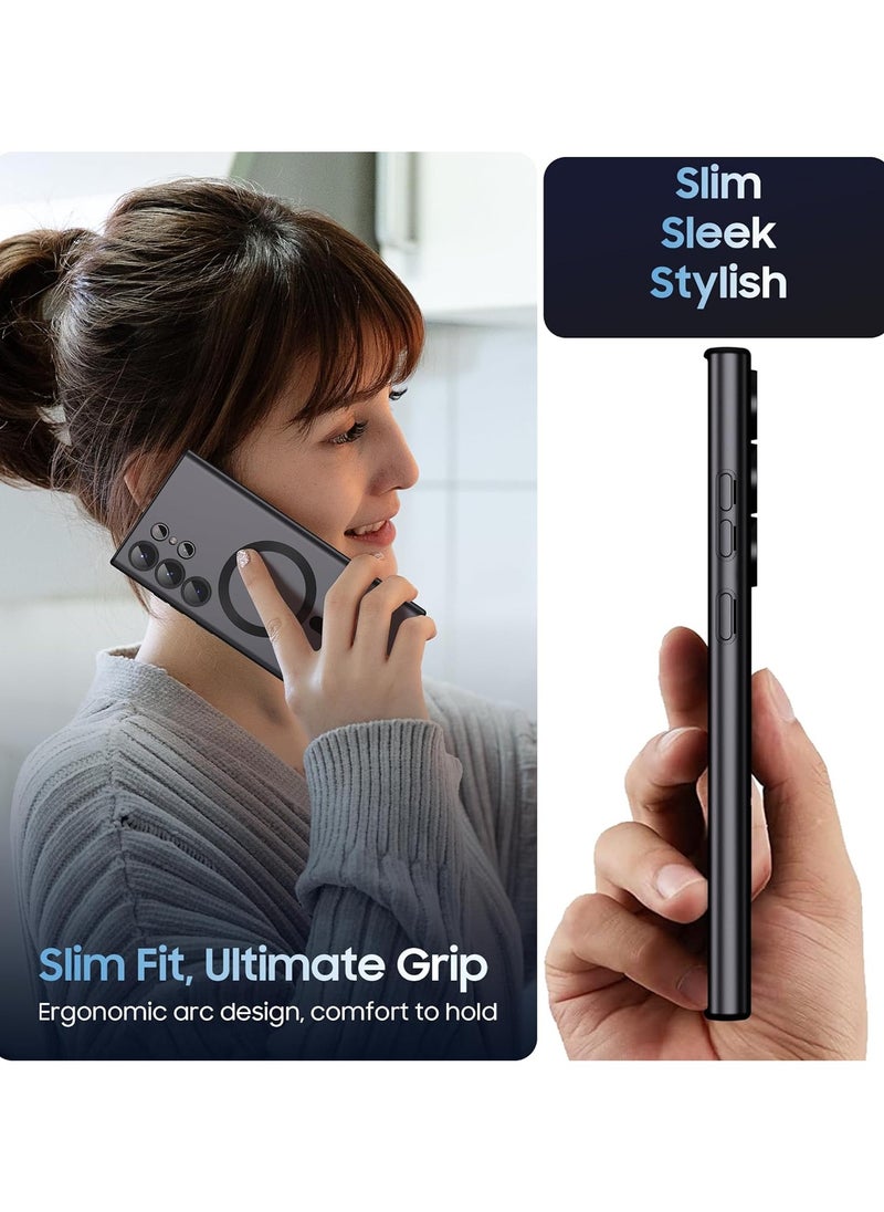 Slim Soft Silicone Matte Case with Camera Lens Protector With Stable Magnetic Shockproof For Samsung Galaxy S24 Ultra (Black)