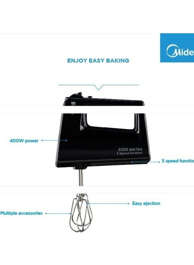 Midea Hand Mixer Electric Whisk With 5 Speeds + Turbo Button, Twin Stainless Steel Kneader & Beater For Mixing, Whipping, Whisking, Kneading, Light Weight Egg Beater with Ergonomic Design 400 W HM0293 Black - Image 4