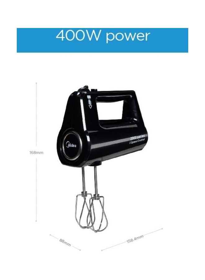 Midea Hand Mixer Electric Whisk With 5 Speeds + Turbo Button, Twin Stainless Steel Kneader & Beater For Mixing, Whipping, Whisking, Kneading, Light Weight Egg Beater with Ergonomic Design 400 W HM0293 Black - Image 2