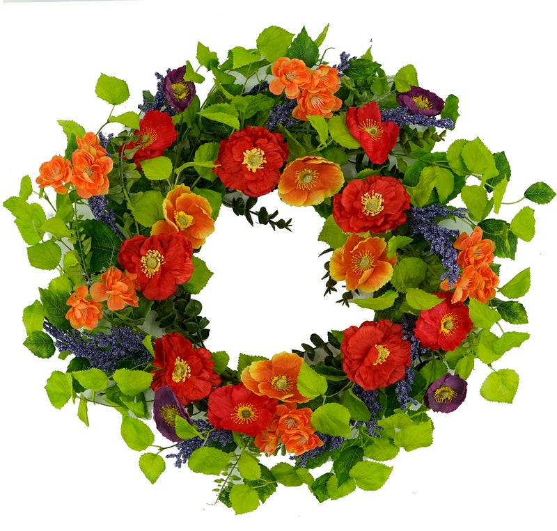 WreathDream 22 inch Artificial Spring Summer Wreaths for Front Door Poppy Wreath with Lavender Ear,Cherry Blossom,for Front Door Indoor Outdoor Home Farmhouse Decor - Image 1