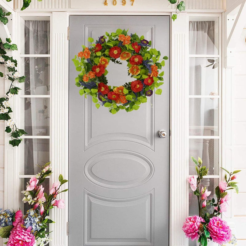 WreathDream 22 inch Artificial Spring Summer Wreaths for Front Door Poppy Wreath with Lavender Ear,Cherry Blossom,for Front Door Indoor Outdoor Home Farmhouse Decor - Image 2