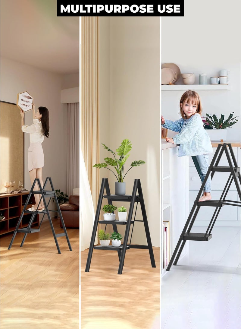 NextWave 3 Step Ladder, Multipurpose Step Ladder Folding Ladder with Wide Anti-Slip Pedal, Step Stool Portable Lightweight Foldable Stepladder for Home Kitchen Library Office Holds up to 150 KG - Image 3