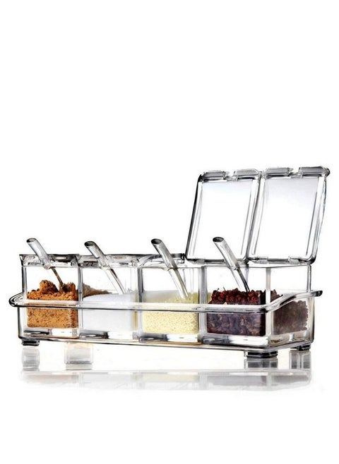 Clear Seasoning Rack Spice Pots by AIQI - 4 Piece Acrylic Seasoning Box - Storage Container Condiment Jars - Cruet with Cover and Spoon