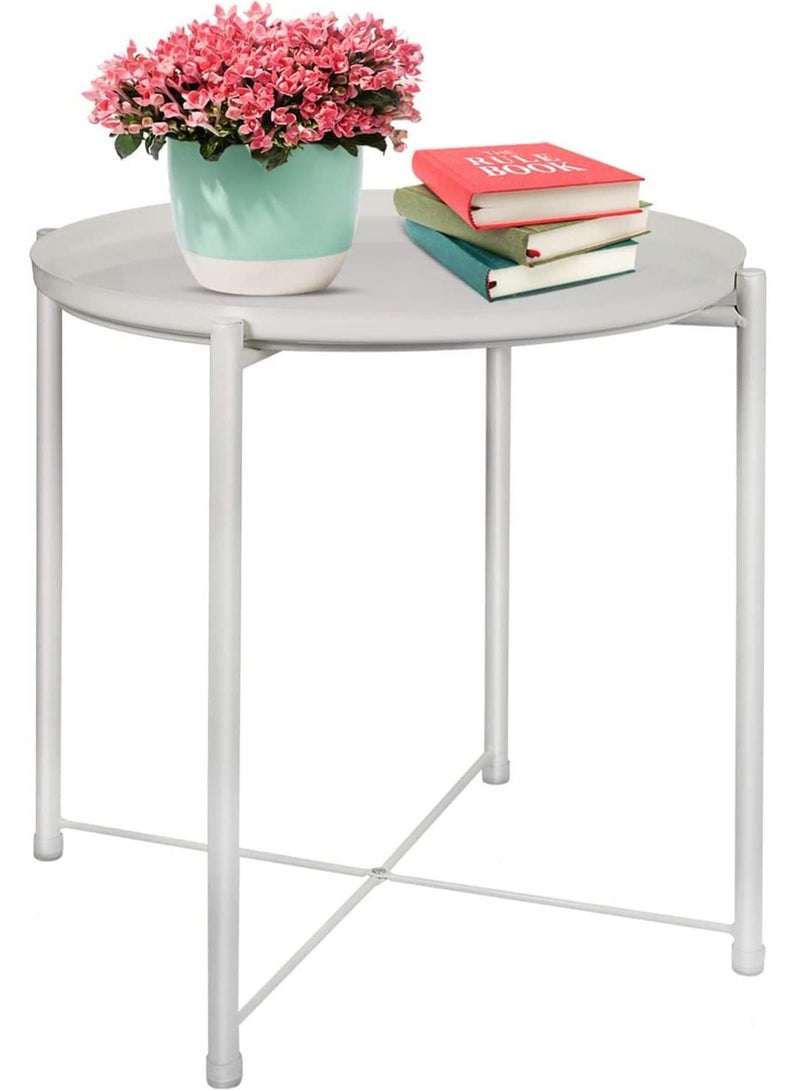 Versatile Tray Table with Removable Tray Top Round Metal Coffee Table for Living Room Bedroom Office Balcony 42x42x53cm White Waterproof