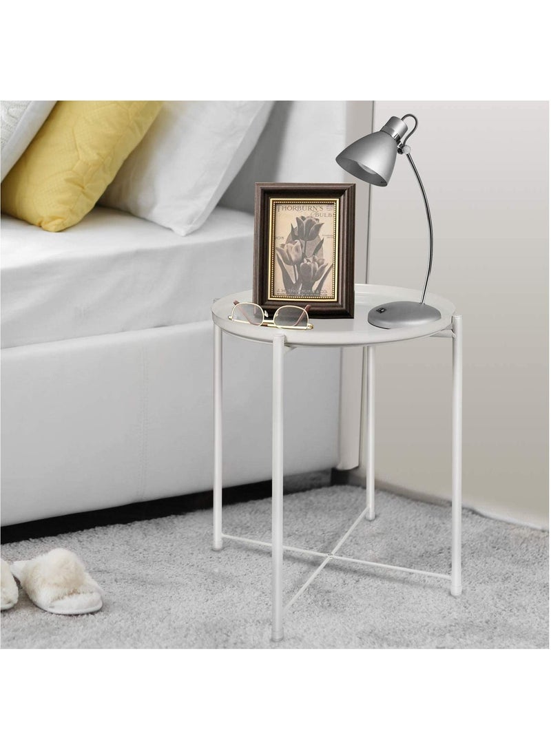 Versatile Tray Table with Removable Tray Top Round Metal Coffee Table for Living Room Bedroom Office Balcony 42x42x53cm White Waterproof