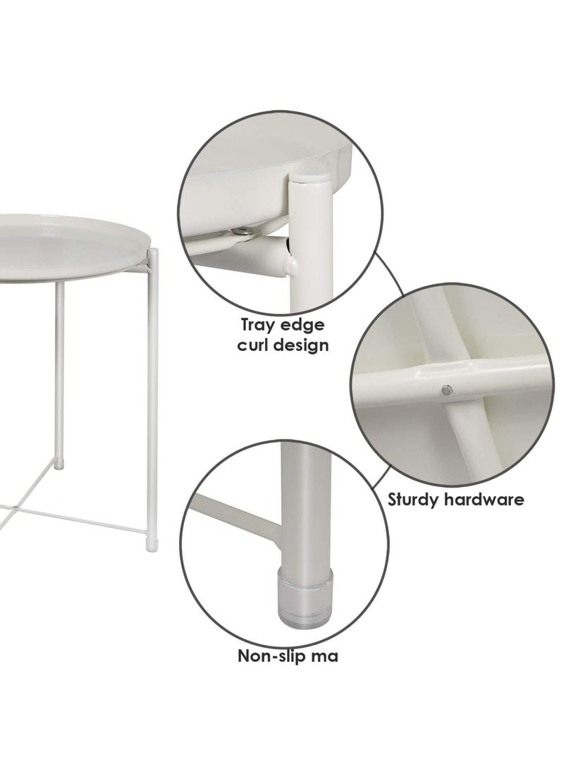 Versatile Tray Table with Removable Tray Top Round Metal Coffee Table for Living Room Bedroom Office Balcony 42x42x53cm White Waterproof