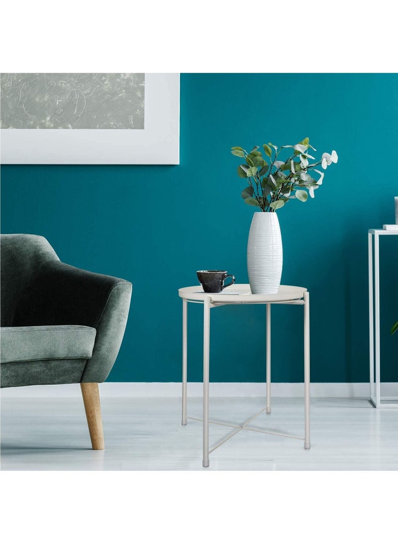 Versatile Tray Table with Removable Tray Top Round Metal Coffee Table for Living Room Bedroom Office Balcony 42x42x53cm White Waterproof