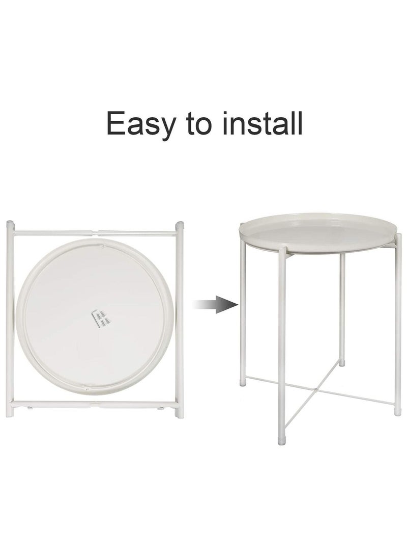 Versatile Tray Table with Removable Tray Top Round Metal Coffee Table for Living Room Bedroom Office Balcony 42x42x53cm White Waterproof