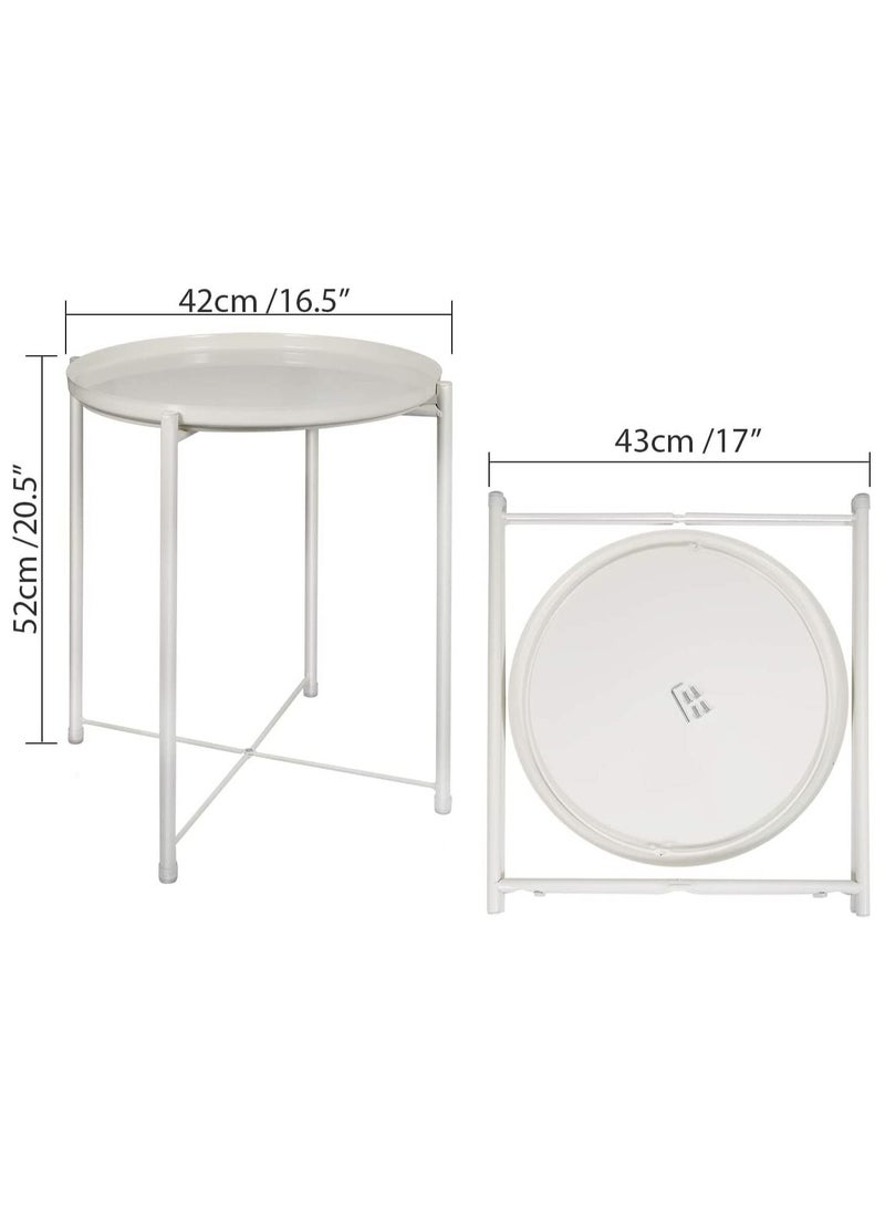 Versatile Tray Table with Removable Tray Top Round Metal Coffee Table for Living Room Bedroom Office Balcony 42x42x53cm White Waterproof