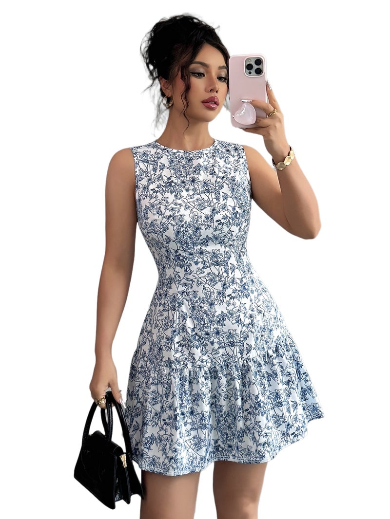 Elegant Women's Printed Round Neck Waist-Cinching Sleeveless Dress, Suitable for Dates, Parties, Gatherings, and Commuting - Image 1