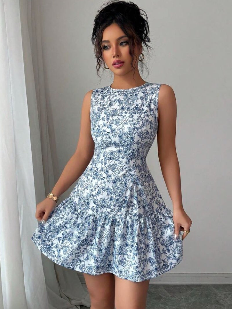 Elegant Women's Printed Round Neck Waist-Cinching Sleeveless Dress, Suitable for Dates, Parties, Gatherings, and Commuting - Image 4