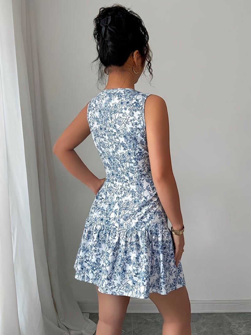 Elegant Women's Printed Round Neck Waist-Cinching Sleeveless Dress, Suitable for Dates, Parties, Gatherings, and Commuting - Image 2