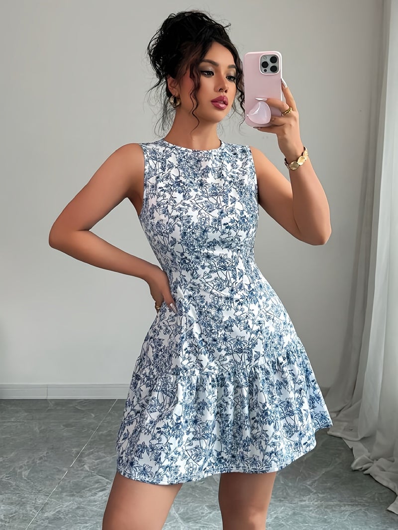 Elegant Women's Printed Round Neck Waist-Cinching Sleeveless Dress, Suitable for Dates, Parties, Gatherings, and Commuting - Image 3