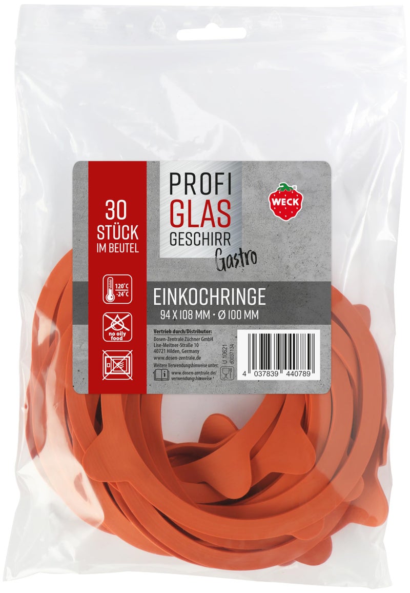 Weck Pack of 30 Rubber Rings 94 x 108 mm Diameter 100 mm Rubber Sealing Rings Preserving Jars 76135 Orange