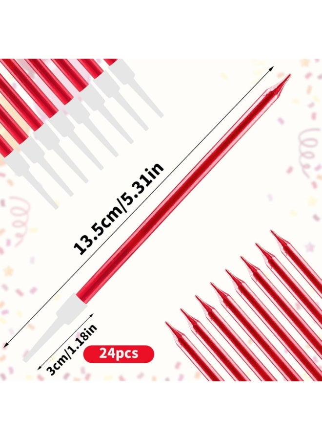 24 red birthday cake candles, 10 cm tall slender metal candles, suitable for birthday cakes, baby baptism cakes, and wedding party decorations, with candle holders - Image 3