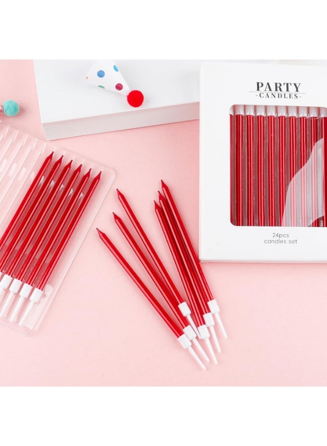 24 red birthday cake candles, 10 cm tall slender metal candles, suitable for birthday cakes, baby baptism cakes, and wedding party decorations, with candle holders - Image 4