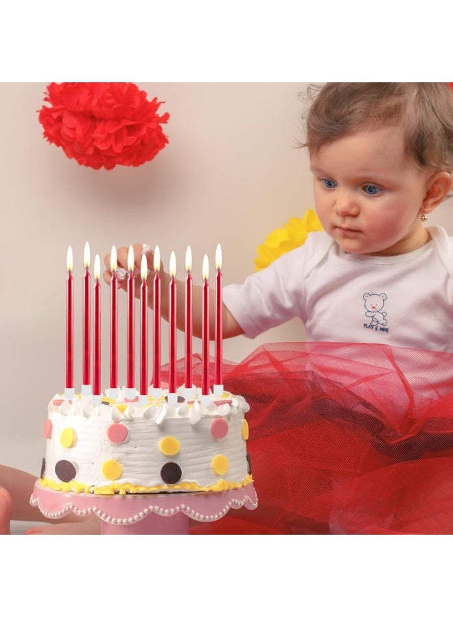 24 red birthday cake candles, 10 cm tall slender metal candles, suitable for birthday cakes, baby baptism cakes, and wedding party decorations, with candle holders - Image 2