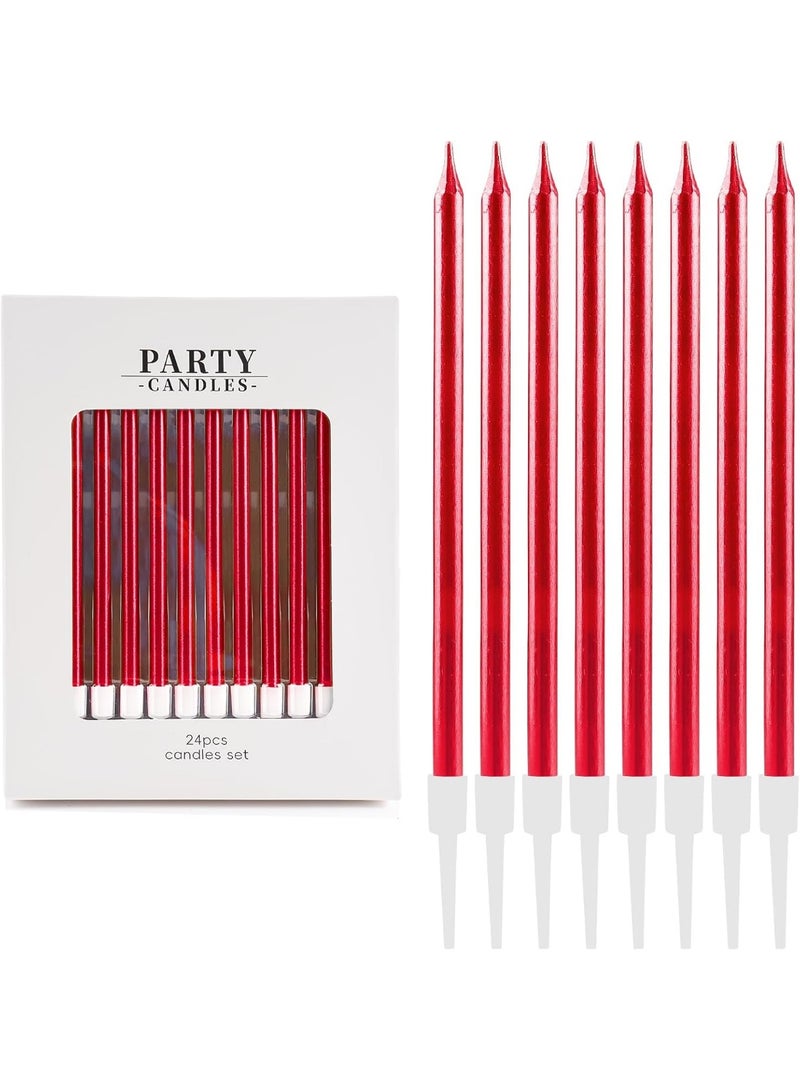 24 red birthday cake candles, 10 cm tall slender metal candles, suitable for birthday cakes, baby baptism cakes, and wedding party decorations, with candle holders - Image 1