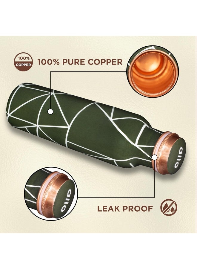 Allo زجاجة ماء نحاسية نقية 1 لتر | زجاجة نحاسية | قلوية ومضادة للأكسدة | 100% مانعة للتسرب، زجاجة مكتب، زجاجة صالة رياضية، زجاجة تامبا عصرية للبالغين، أفضل هدية لعيد ديwali (أخضر زيتوني مع خطوط تجريدية) - Image 3