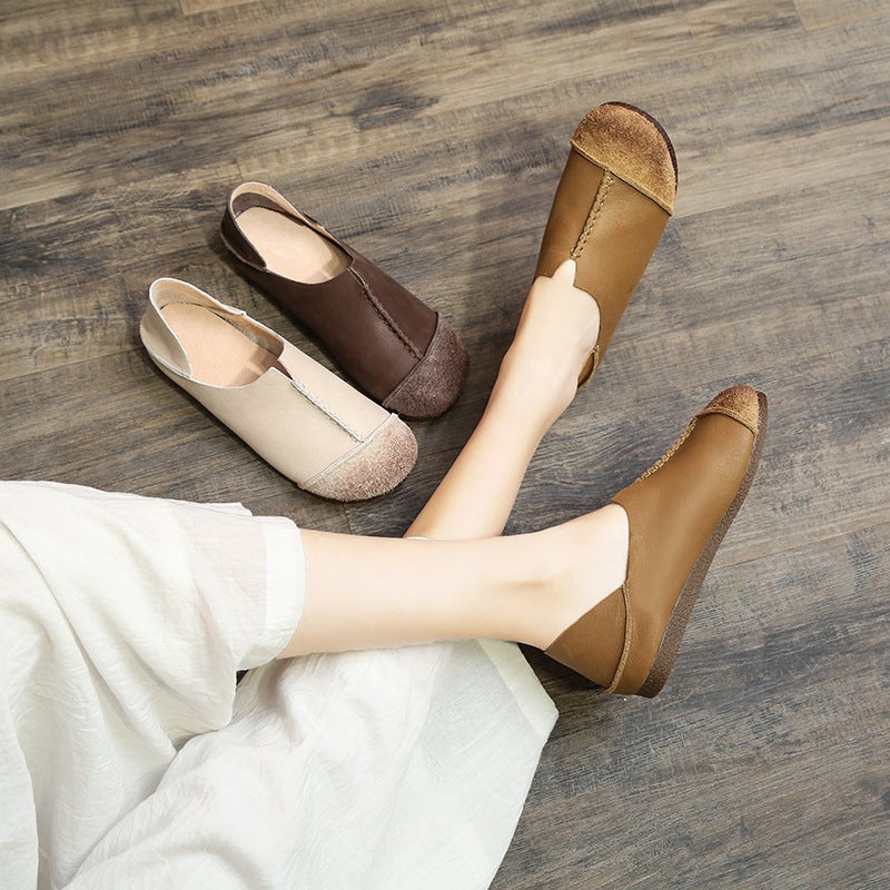 Genuine Leather Slip-On Flat Work Shoes, Mori Girl Style, Color-Blocked Two-Way Wear Single Shoes 7199, Round-Toe Flat Shoes, Casual And Versatile - Image 4